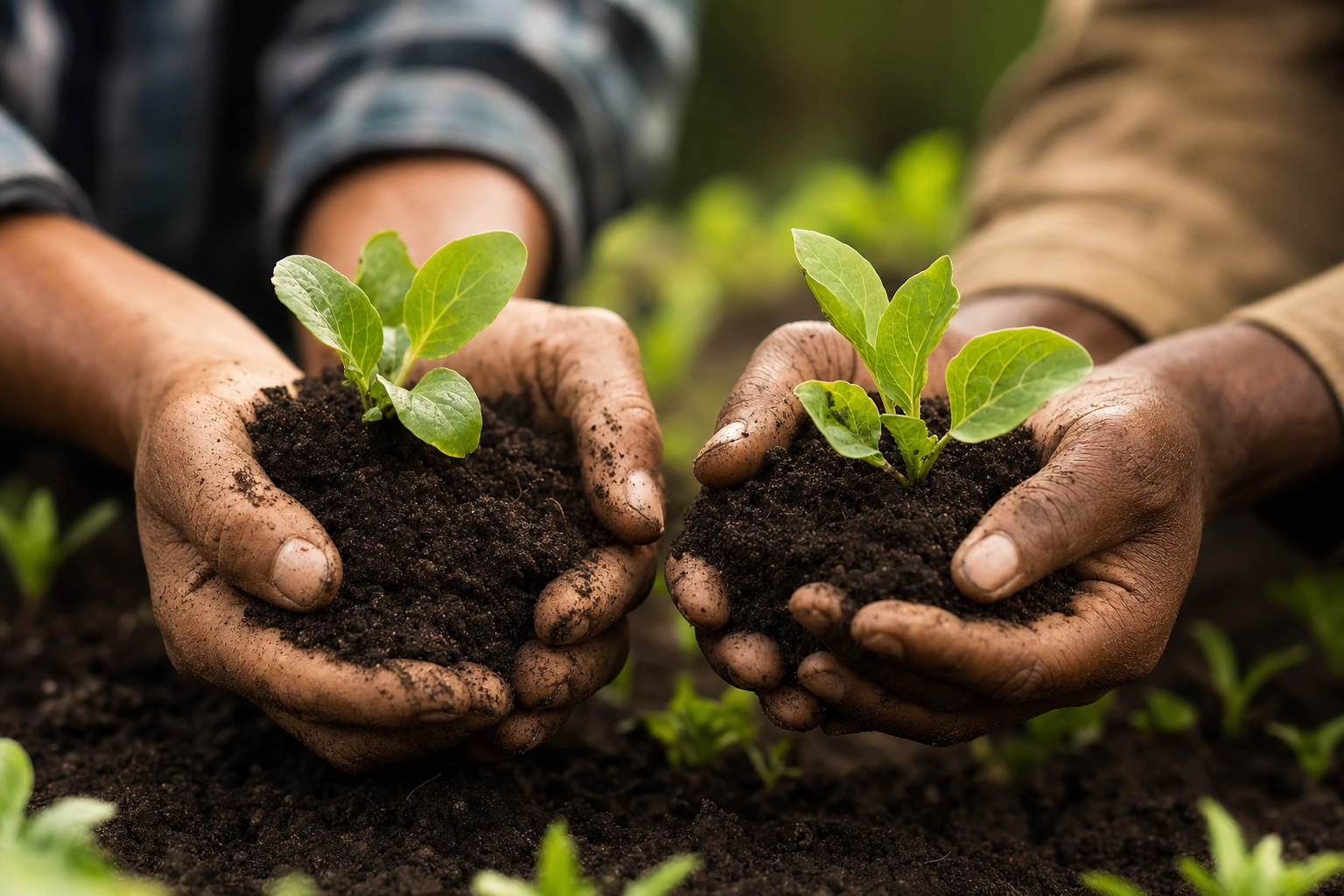Hands holding young seedling plants in rich soil