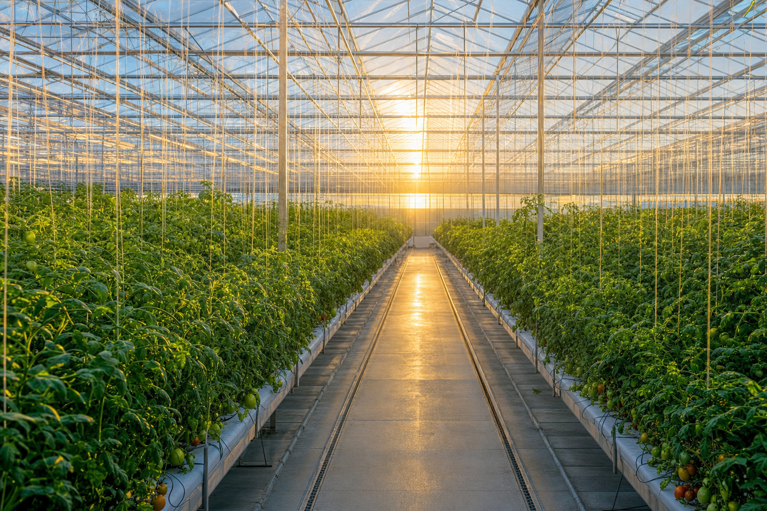 Modern commercial greenhouse interior with rows of vibrant plants
